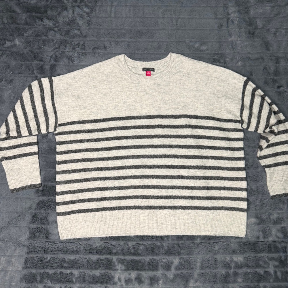 Vince Camuto Striped Sweater Womens Large Grey Charcoal Drop Shoulder Knit